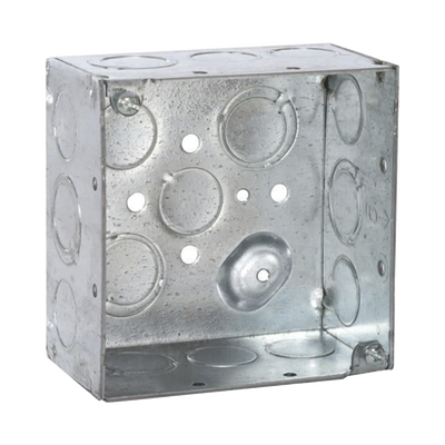 Caja Cuadrada Galvanizada de 4" x 4", profundidad de 2 1/8". Cuenta con 10 KO de 1/2" y 6 TKO (1/2" - 3/4")) - RACO