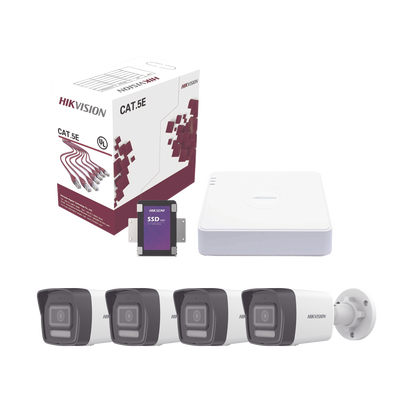 Kit IP 4 Megapixel / NVR de 4 Canales con 4 Puertos PoE / 4 Cámaras IP Bala Dual Light (IR + Luz Blanca) con Microfono Int...