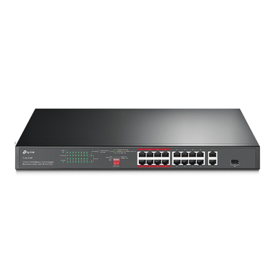 Switch PoE+ no Administrable 16 puertos 10/100 Mbps + 2 puertos 10/100/1000 Mbps + 1 puerto SFP, 8 puertos Extensor PoE (hasta 250 m), 150W, diseño para Vigilancia IP | SIERRA STORE