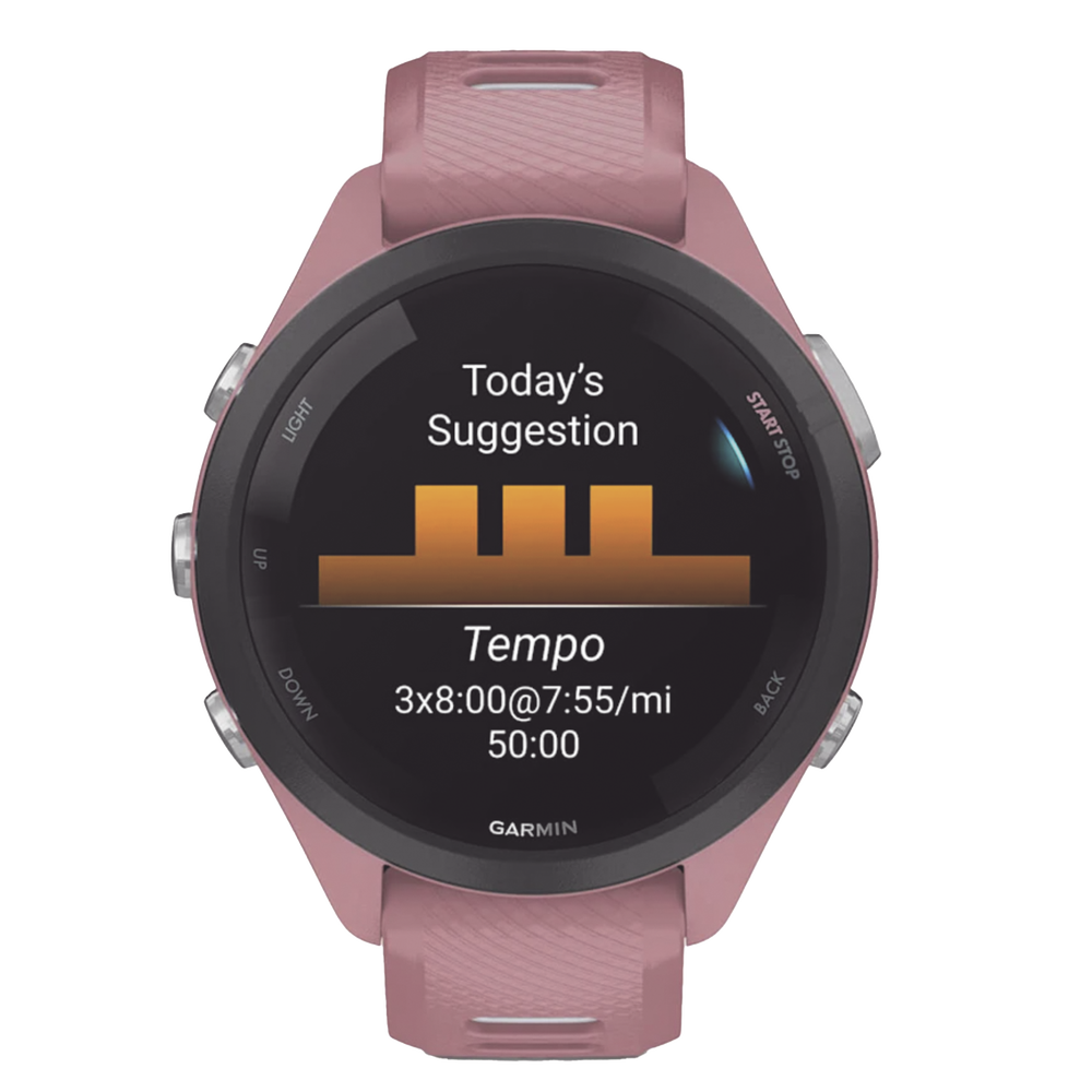 Forerunner® 265S, Bisel negro con carcasa en rosa y correa de silicona en rosa/gris | SIERRA STORE