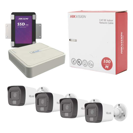 HiLook by HIKVISION - KHL4B/1TB - Kit IP 4 Megapixel / NVR de 4 Canales / 4 Cámaras IP Dual light y Microfono Integrado / Bobina de Cable de 100 mts / Disco Duro 1 TB