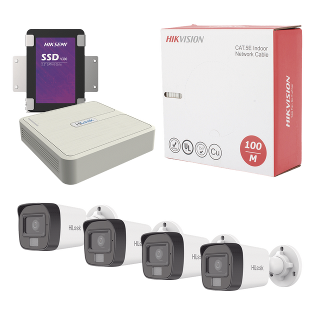 HiLook by HIKVISION - KHL4B/1TB - Kit IP 4 Megapixel / NVR de 4 Canales / 4 Cámaras IP Dual light y Microfono Integrado / Bobina de Cable de 100 mts / Disco Duro 1 TB