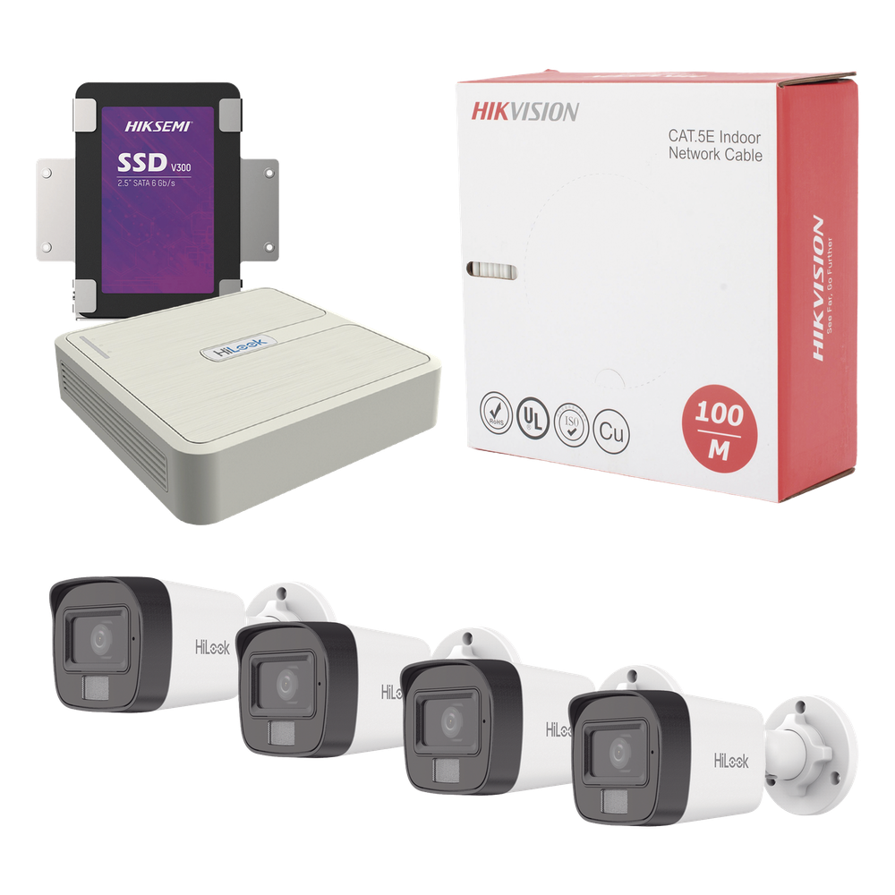 HiLook by HIKVISION - KHL4B/1TB - Kit IP 4 Megapixel / NVR de 4 Canales / 4 Cámaras IP Dual light y Microfono Integrado / Bobina de Cable de 100 mts / Disco Duro 1 TB