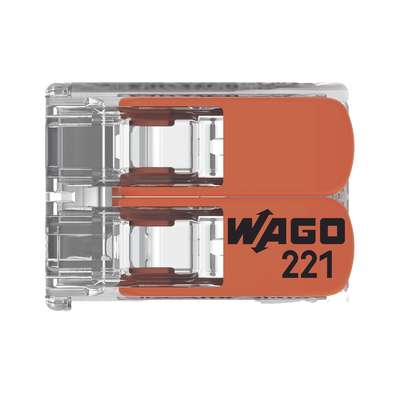 Borna de Conexión / Serie 221 / Palancas Naranja / 2 Conductores 4 mm² / Carcasa Transparente / 300V 20A / T85 / UL ENEC C...