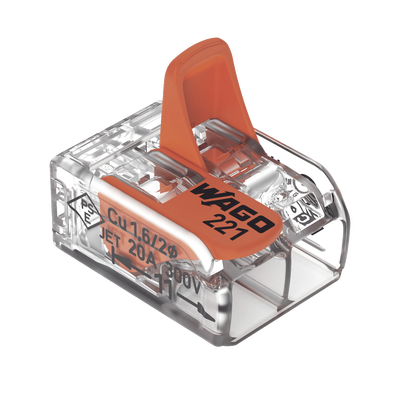 Borna de Conexión / Serie 221 / Palancas Naranja / 2 Conductores 4 mm² / Carcasa Transparente / 300V 20A / T85 / UL ENEC C...