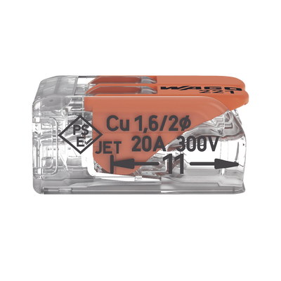 Borna de Conexión / Serie 221 / Palancas Naranja / 2 Conductores 4 mm² / Carcasa Transparente / 300V 20A / T85 / UL ENEC C...