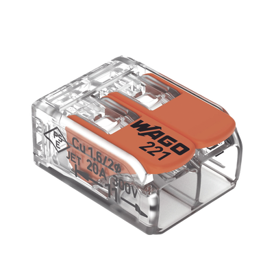 Borna de Conexión / Serie 221 / Palancas Naranja / 2 Conductores 4 mm² / Carcasa Transparente / 300V 20A / T85 / UL ENEC C...