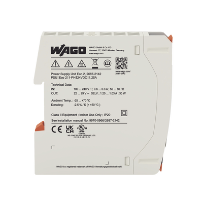 Fuente de Alimentación Eco 2 / Monofásica / 24V DC / 1.25A / 30W / Push-in CAGE CLAMP® / Carril DIN / SELV-PELV / IP20 WAG...