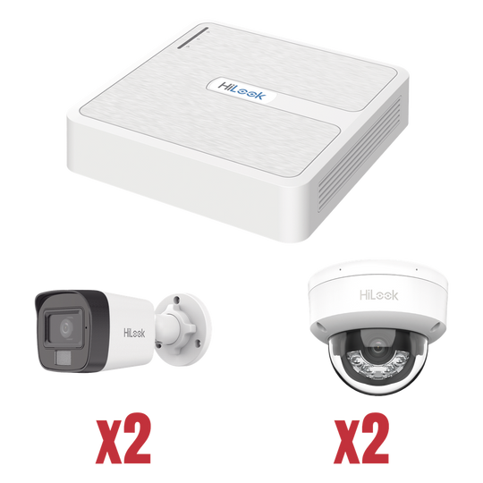 HiLook by HIKVISION - KIP2MP/2B2D - Kit IP 1080p (2 Megapixel) / NVR de 4 Canales con 4 Puertos PoE / 2 Cámaras IP Bala para Exterior con microfono y Dual light / 2