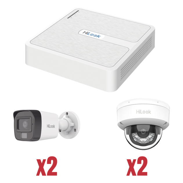 HiLook by HIKVISION - KIP2MP/2B2D - Kit IP 1080p (2 Megapixel) / NVR de 4 Canales con 4 Puertos PoE / 2 Cámaras IP Bala para Exterior con microfono y Dual light / 2