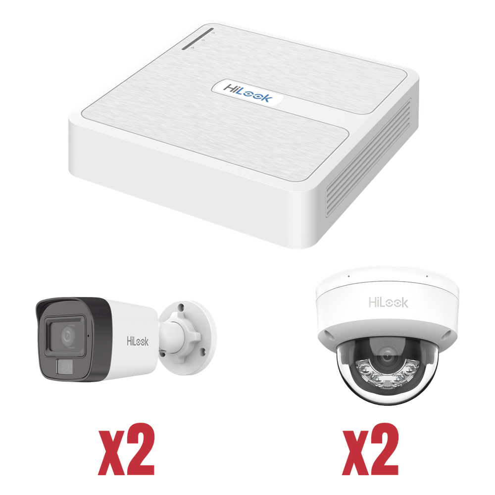 HiLook by HIKVISION - KIP2MP/2B2D - Kit IP 1080p (2 Megapixel) / NVR de 4 Canales con 4 Puertos PoE / 2 Cámaras IP Bala para Exterior con microfono y Dual light / 2