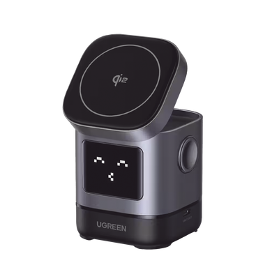 Cargador Inalámbrico Robot 2 en 1 UGREEN Qi2 / 15W Ultra Rápido para iPhone / 5W para AirPods / Pantalla Inteligente con E...