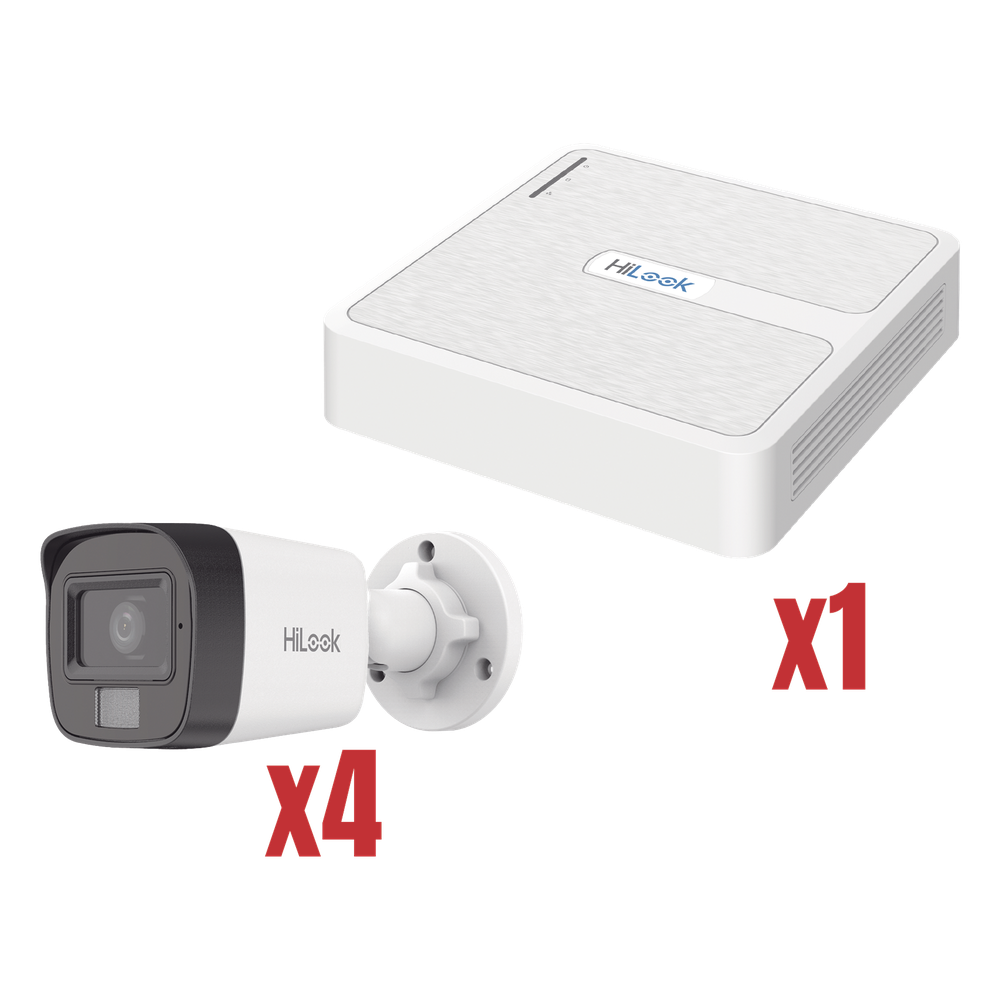 HiLook by HIKVISION - KIP2MP/4B - Kit IP 4Megapixel / NVR de 4 Canales con 4 Puertos PoE / 4 Cámaras IP Dual light con microfono