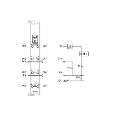 Módulo de Entrada Digital / 8 Canales / 24 VDC / Filtro 3 ms / Aislamiento 500 V / CAGE CLAMP® / DIN Rail / IP20 WAGO - Vi...