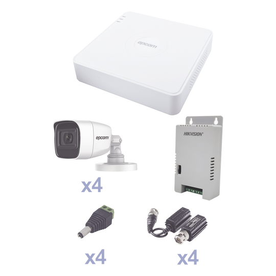 EPCOM PROFESSIONAL - KEVTX8T4BG/A - KIT TurboHD con Audio 1080p / DVR 4 Canales / 4 Cámaras Bala (exterior 2.8 mm) / Transceptores / Conectores / Fuente de Poder / AUDIO