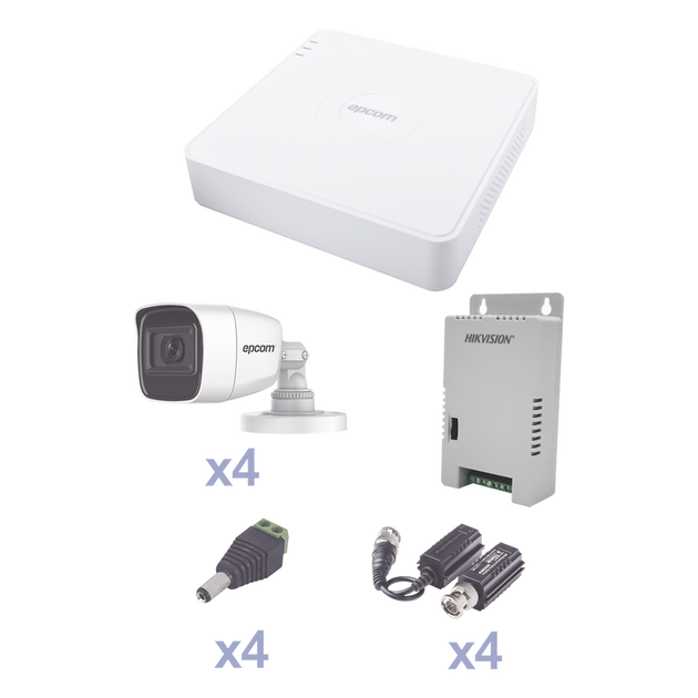 EPCOM PROFESSIONAL - KEVTX8T4BG/A - KIT TurboHD con Audio 1080p / DVR 4 Canales / 4 Cámaras Bala (exterior 2.8 mm) / Transceptores / Conectores / Fuente de Poder / AUDIO