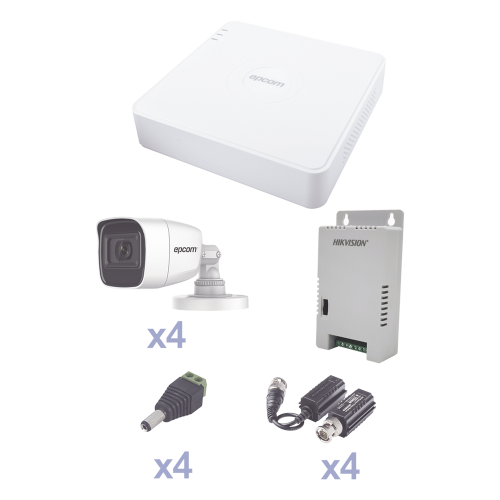 EPCOM PROFESSIONAL - KEVTX8T4BG/A - KIT TurboHD con Audio 1080p / DVR 4 Canales / 4 Cámaras Bala (exterior 2.8 mm) / Transceptores / Conectores / Fuente de Poder / AUDIO