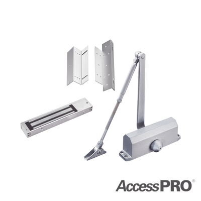 Kit para control de acceso incluye Chapa magnética de 600Lbs / Montajes L y Z / Cierra puerta para 45-65Kg. - ACCESSPRO