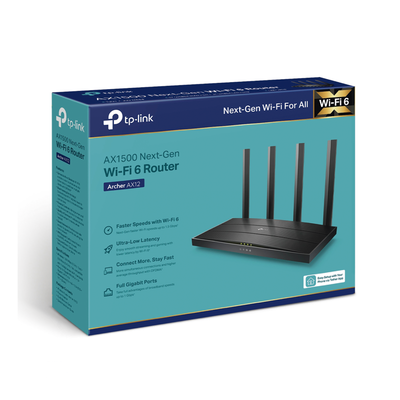 Router WiFi 6 AX 1500Mbps / MU-MIMO 2X2 y OFDMA / 1 Puerto WAN 10/100/1000 Mbps / 3 Puertos LAN 10/100/1000 Mbps / 4 Anten...