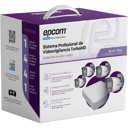 EPCOM PROFESSIONAL - B8-KIT-TWA - Kit de Videovigilancia TurboHD / 1080p Lite / DVR 4 Canales / 4 Cámaras Bala / Dual Light / Audio Integrado / IP66 / H.265+