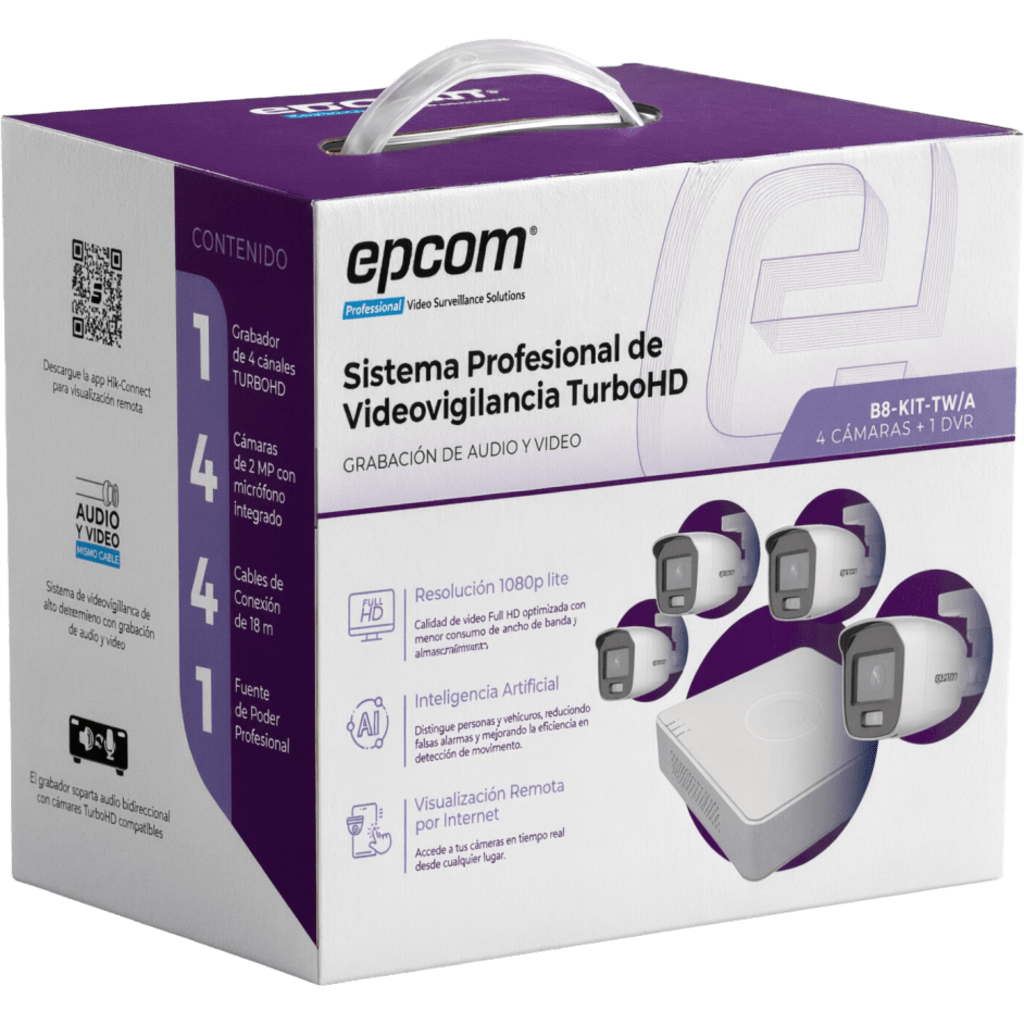 EPCOM PROFESSIONAL - B8-KIT-TWA - Kit de Videovigilancia TurboHD / 1080p Lite / DVR 4 Canales / 4 Cámaras Bala / Dual Light / Audio Integrado / IP66 / H.265+