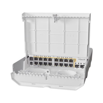 (netPower 16P) Switch administrable Sistema Operativo Dual, 16 puertos c/PoE, 2 puertos 10G SFP+ para Exterior - MIKROTIK