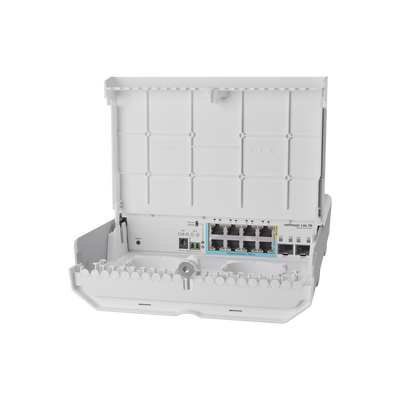 (CSS610-1Gi-7R-2S+OUT) netPower Lite 7R Switch Smart 7 puertos PoE Inverso Gigabit, 2 SFP+ 10G, para exterior - MIKROTIK