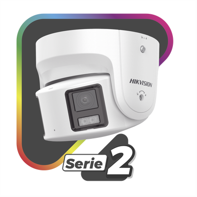 [PROTECCIÓN ACTIVA] Turret IP Panorámica 8 Megapíxel / 2 Lentes 4 mm (180°) / Imagen a Color 24/7 (ColorVu) / PoE / WDR 13...