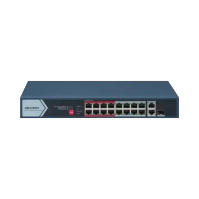 Switch PoE+ / No Administrable / 16 Puertos 10/100 Mbps PoE+ / 2 Puertos 1000 Mbps Uplink / 1 Puerto SFP Uplink / Modo Ext...
