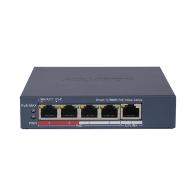 Switch PoE+ / Monitoreable / 4 Puertos 10/100 Mbps PoE+ / 1 Puerto 10/100 Mbps Uplink / Configuración Nube Hik-PartnerPro / M