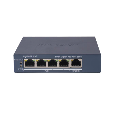 Switch Gigabit PoE+ / Monitoreable / 4 Puertos 1000 Mbps PoE+ / 1 Puerto 1000 Mbps Uplink / Configuración Nube Hik-Partner...