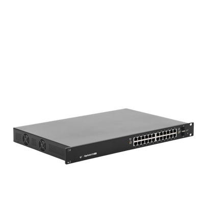 Switch EdgeMAX administrable de 24 puertos Gigabit con PoE+/PoE Pasivo 24V + 2 Puertos SFP, 250 W UBIQUITI - Vista 2