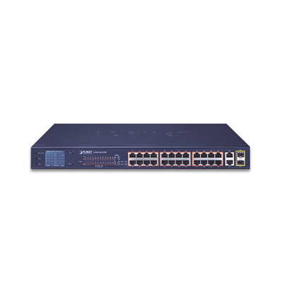 Switch No Administrable 24 Puertos PoE 10/100 802.3af/at, 2 Combo TP/SFP Gigabit y Pantalla LCD para Monitoreo y Configura...