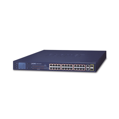 Switch No Administrable 24 Puertos PoE 10/100 802.3af/at, 2 Combo TP/SFP Gigabit y Pantalla LCD para Monitoreo y Configura...