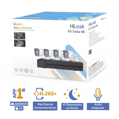 Kit TurboHD 1080p / DVR 4 Canales / 4 Cámaras Bala ColorVu con Micrófono Integrado / Fuente de Poder / Accesorios de Insta...
