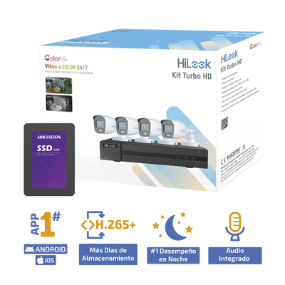 Kit TurboHD 1080p + SSD 1 TB / DVR 4 Canales / 4 Cámaras Bala ColorVu con Micrófono Integrado / Fuente de Poder / Accesori...