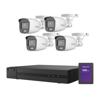 Kit TurboHD 1080p + SSD 500 GB / DVR 4 Canales / 4 Cámaras Bala ColorVu con Micrófono Integrado / Fuente de Poder / Acceso...