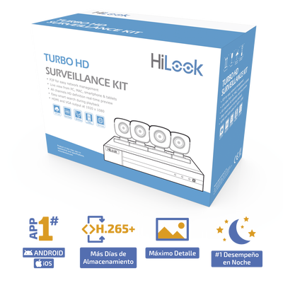 KIT TurboHD 1080p / DVR 4 canales / 4 Cámaras Bala de Metal / H.265+ / 1 Fuente de Poder Profesional / Accesorios de Insta...