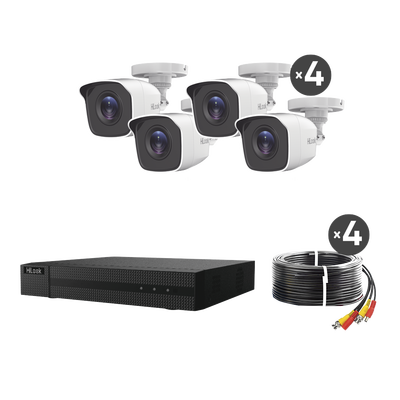 KIT TurboHD 1080p / DVR 4 canales / 4 Cámaras Bala de Metal / H.265+ / 1 Fuente de Poder Profesional / Accesorios de Insta...