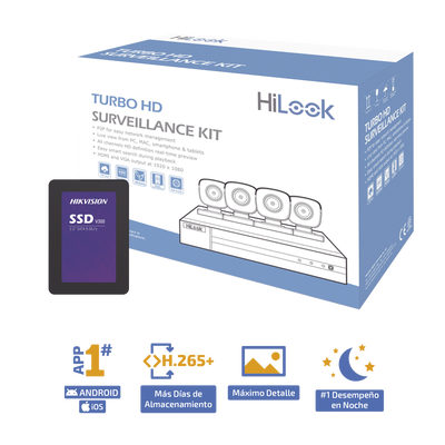 KIT TurboHD 1080p + SSD de 500 GB / DVR 4 canales / 4 Cámaras Bala de Metal / Fuente de Poder / Accesorios de Instalación ...