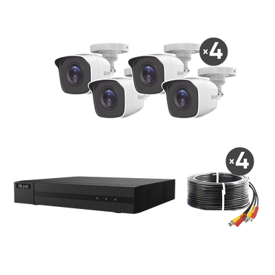 KIT TurboHD 1080p / DVR 8 canales con H.265+ / 4 Cámaras Bala Metálicas / Fuente de Poder / Accesorios de Instalación - Hi...