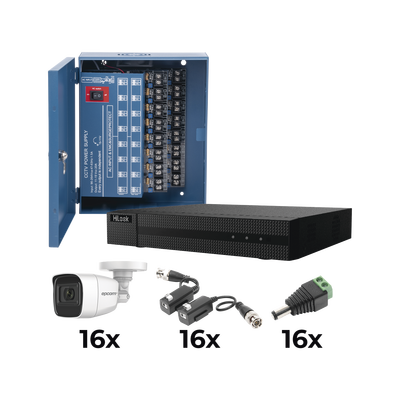 KIT TurboHD 1080p / DVR 16 Canales / 16 Cámaras Bala Policarbonato con Microfono (exterior 2.8 mm) / Transceptores / Conec...