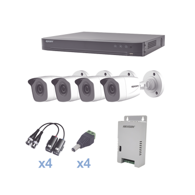 KIT TurboHD 1080p / DVR 4 Canales / 4 Cámaras Bala Metálicas (exterior 2.8 mm) / Transceptores / Conectores / Fuente de Po...