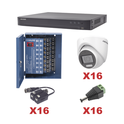 KIT TurboHD 1080p / DVR 16 Canales / 16 Cámaras Turret con Audio Integrado (Exterior 2.8 mm) / Transceptores / Conectores ...