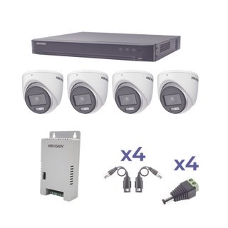 KIT COLORVU TURBOHD 1080p / DVR 4 Canales / 4 Cámaras eyeball (exterior) lente 2.8mm / Fuente de poder profesional / Trans...