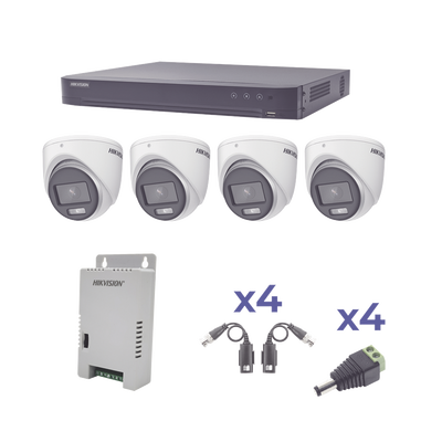 KIT COLORVU TURBOHD 1080p / DVR 4 Canales / 4 Cámaras eyeball (exterior) lente 2.8mm / Fuente de poder profesional / Trans...