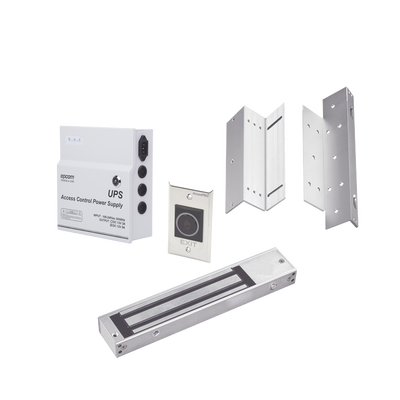 Kit para control de acceso incluye Fuente de 12VCD con respaldo de batería/ Chapa magnética de 600Lbs / Montajes L y Z / Botó