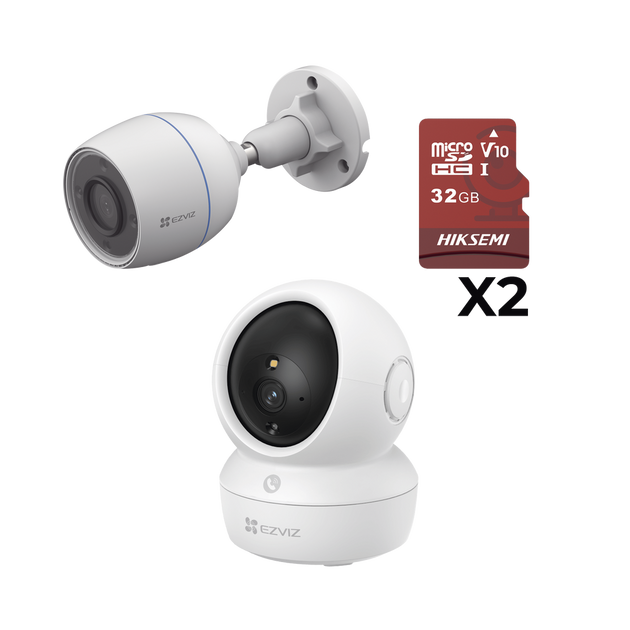 EZVIZ - CSH6C/3MP/H3C/KM2 - Kit de cámaras WiFi / Incluye 1 pieza CSH6C/3MP  Para Uso en Interior / 1 pieza CS-H3C Para Uso en Exterior / 1 PZA Micro SD