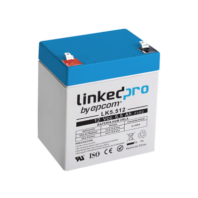 Batería 12 V / 5.5 Ah / UL / Vida útil promedio 5 años / Tecnología AGM / Para uso en equipo electrónico, Alarmas de Intru...