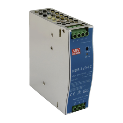 Fuente de poder industrial de 120 W, salida 12 Vcc, entrada 90~264 VCA, para montaje en riel DIN, - MEANWELL